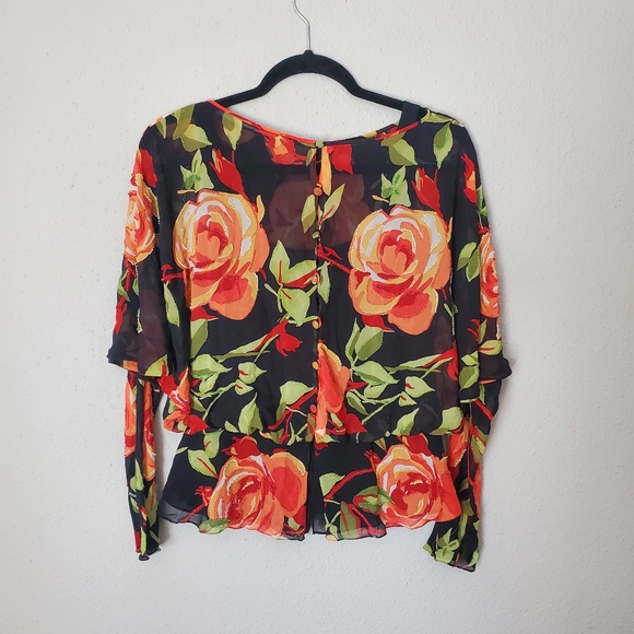 Women's Floral Silk Blouse Long Sleeve Button Back Black Orange Beaded Formal 6 - Picture 4 of 8